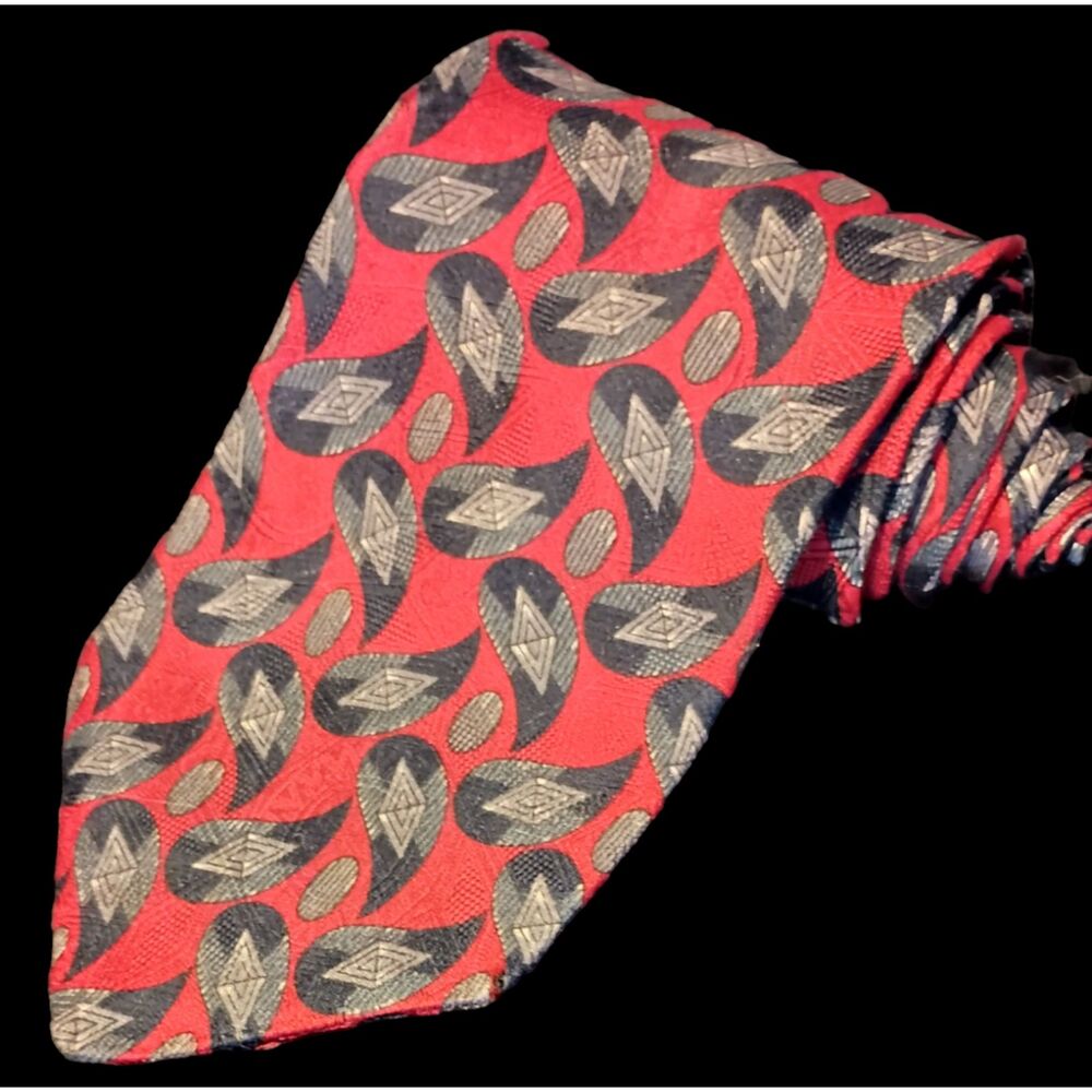 Bill Blass for Bon Marche Mens Tie Silk Paisley Necktie Blue Red Tan Gray 60"x4"